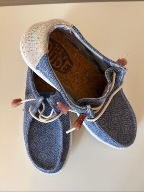 Hey Dude womens Blue Patterned Slip-Ons with Cream Accents